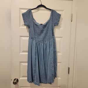 Blue Chambray Off-Shoulder Smocked Skater Dress
